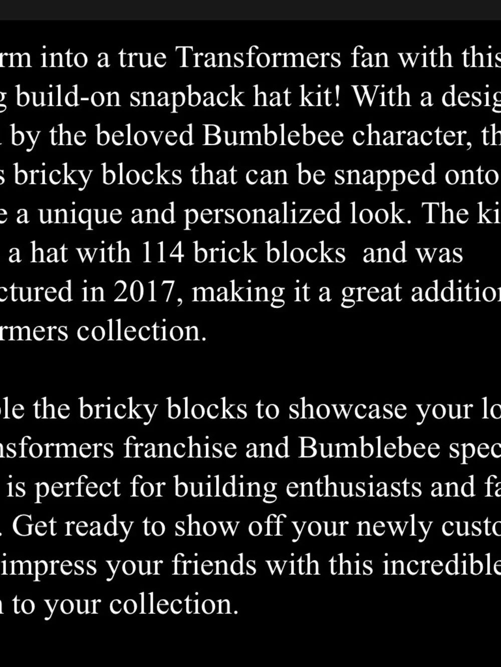 New 2017Hasbro Transformers Bumblebee Bricky Blocks Build-On Snapback Hat Kit